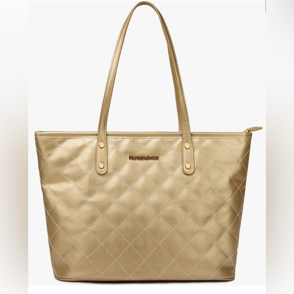 Montana West Gold Quilted Women's Tote Zipper Closure Travel Beach Work Bag‎ NWT